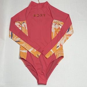 Surfin Love Long Sleeve Back Zip One-Piece Rashguard UPF50 pink/orange/white NEW